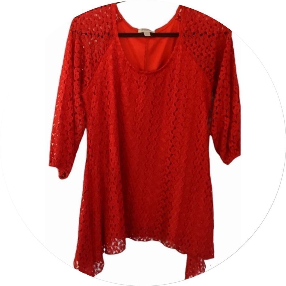 DRESS BARN Red Crochet, Asymmetrical, 3/4 Sleeve Top  Large